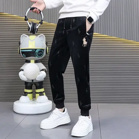 高端刺绣金丝绒休闲裤子男士秋冬季时尚百搭潮流束脚卫裤欧货长裤商品大图