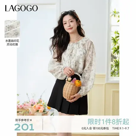 LAGOGO墨染印花透气衬衫女拉谷谷2025年夏秋新款优雅国风长袖上衣图片