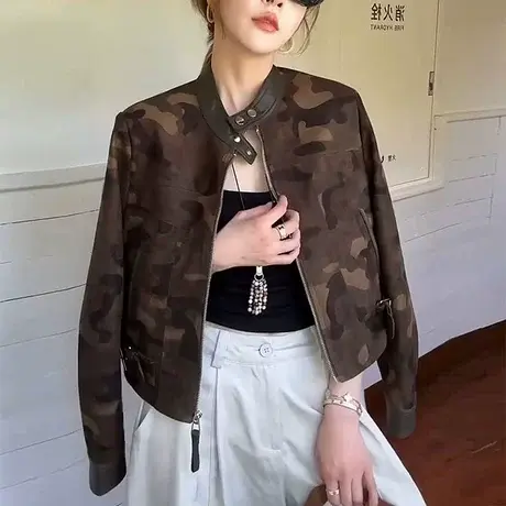 欧货翻领拼皮迷彩短款外套女2025秋季新款撞色立领拉链夹克上衣潮商品大图