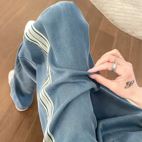 开叉阔腿牛仔裤女2023年春夏薄款高腰垂感直筒宽松显瘦冰丝拖地裤商品大图