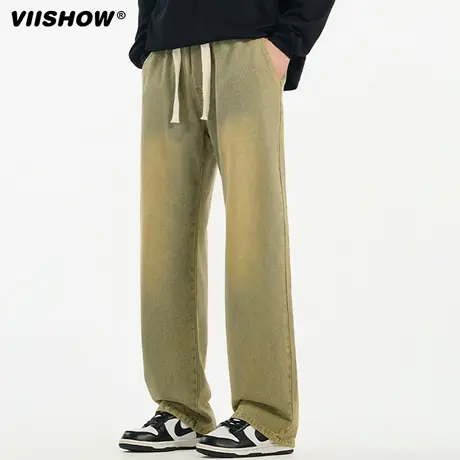 VIISHOW美式高街水洗做旧直筒牛仔裤男春秋季宽松休闲微喇叭裤子商品大图