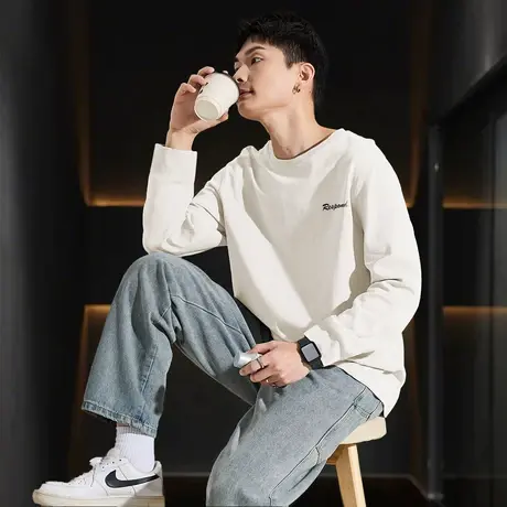 唐狮春款男式t恤长袖圆领左胸文字青少年运动宽松打底上衣TD商品大图