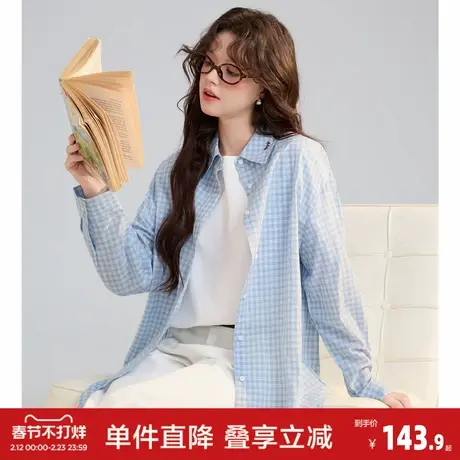 唐狮2026春季新款女格纹长袖衬衫浅蓝色休闲风宽松衬衫外套翻领图片