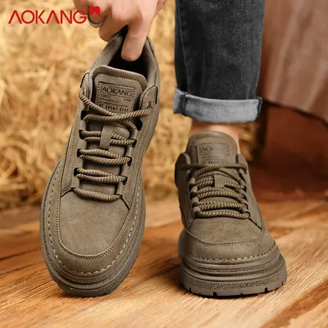 奥康复古男鞋新款秋季皮面休闲鞋男士厚底增高工装鞋潮鞋棕色耐磨商品大图