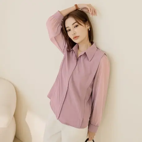 桔熊秋冬通勤气质不易皱上衣翻领拼接透肤长袖衬衫女大码AB19099图片