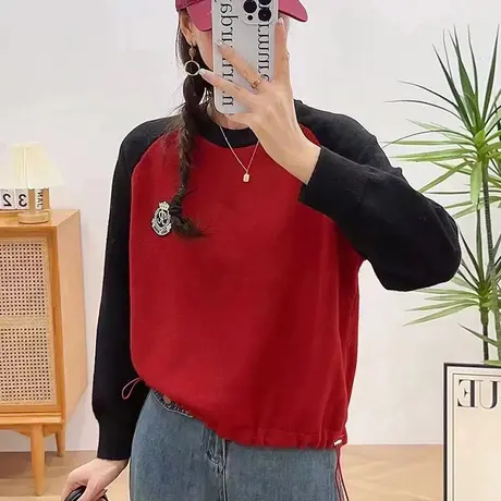 时尚圆领拼色针织衫套头毛衣女装2023秋冬新款下摆抽绳设计感上衣商品大图
