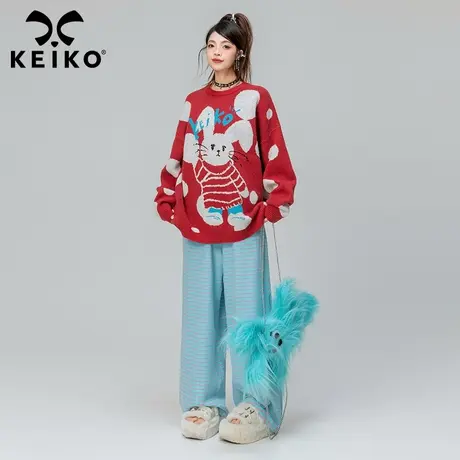 KEIKO 可爱小兔子提花红色毛衣女厚2023秋冬设计感慵懒宽松针织衫图片