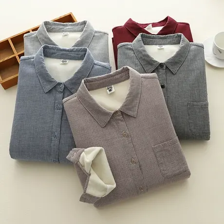 加绒加厚保暖双层棉纱长袖衬衫女文艺复古软糯亲肤小格子衬衣打底商品大图