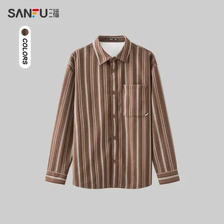三福2023冬男士民俗感竖条纹长衬衫 时尚加厚纯棉上衣男478803商品大图