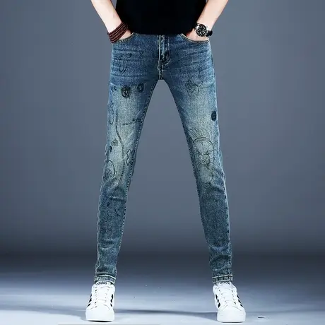 个性做旧印花牛仔裤男款秋冬款美式高街裤子男士小脚修身弹力潮牌商品大图