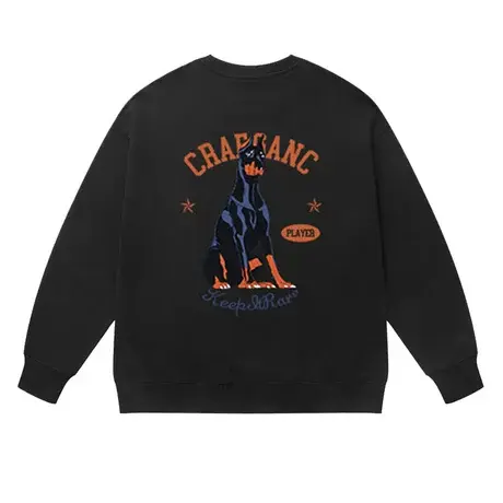 潮牌美式黑色经典杜宾犬印花圆领卫衣复古潮流青少年宽松加绒上衣图片