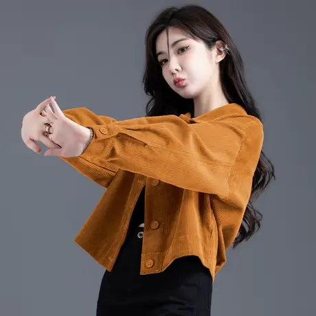 灯芯绒衬衫休闲上衣短外套女2023新款秋冬休闲夹克条绒上衣小个子商品大图