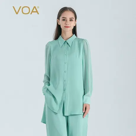 VOA薄荷绿40姆米双面乔重磅厚桑蚕丝polo领长袖单排扣真丝大衬衫图片