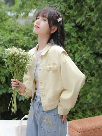 设计感小众奶油黄色牛仔外套女短款春秋新款小个子夹克显瘦上衣潮图片