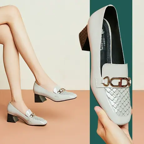 英伦风复古中跟小皮鞋女新款真皮舒适方头粗跟单鞋百搭软皮鞋图片