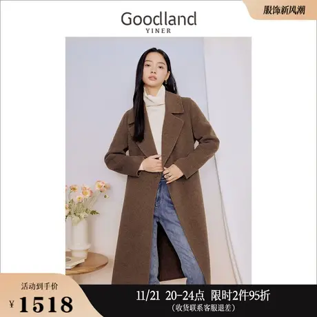 【100绵羊毛】Goodland美地女装冬季中长款西装领双面呢大衣外套商品大图