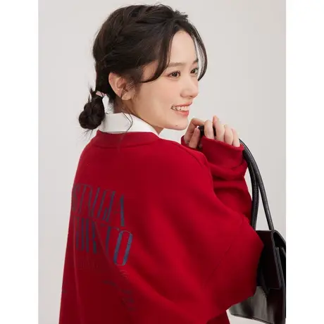 尔给圆领套头红色加绒加厚无帽卫衣女新款2023冬季设计感小众上衣图片