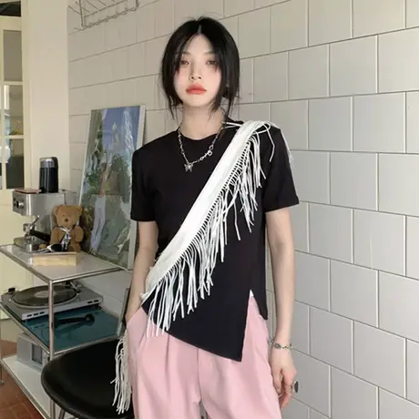 正肩T恤女夏季2023新款紧身短袖体恤小众设计感短款别致上衣ins潮图片