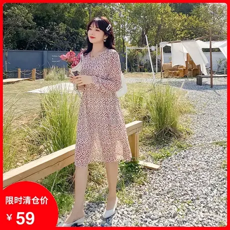 【清仓】新款显瘦大码胖MM雪纺碎花中长款收腰遮肉法式桔梗连衣裙图片