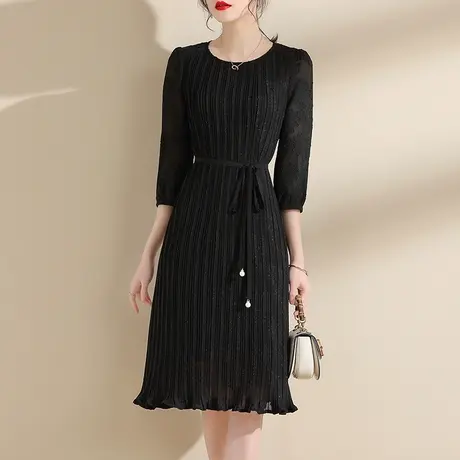 水墨青华女装冬季新品通勤优雅百褶裙系带显瘦黑色连衣裙商品大图