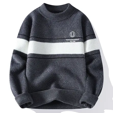 圆领毛衣男士秋冬季潮牌宽松百搭加厚款纯色打底毛线衣针织羊毛衫商品大图