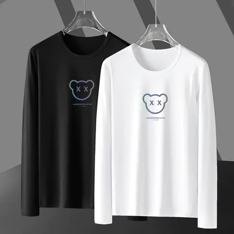 莫代尔秋季长袖t恤男潮牌潮流小熊印花白色上衣服内搭打底衫秋衣商品大图