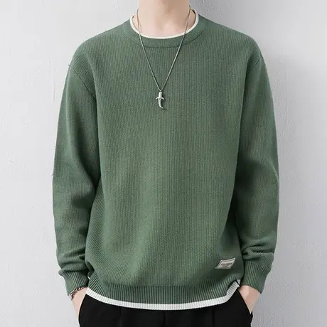 绿色毛衣男秋冬季潮牌纯色圆领线衣保暖打底衫男生冬装男士针织衫商品大图