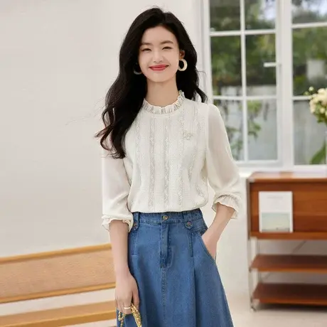 时尚气质淑女长袖衬衫2023年春季新款温柔甜美显瘦荷叶领百搭上衣图片