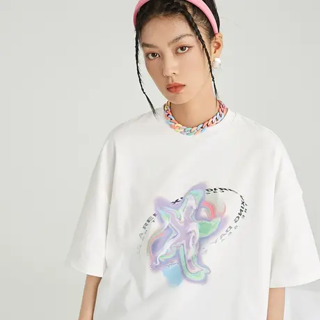 omont蛋挞家复古印花白色纯棉短袖t恤女夏宽松甜酷上衣2023新款潮商品大图