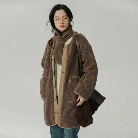 omont蛋挞家 围巾款羊羔毛棉服女秋冬新款中长款羊剪绒大衣棉衣图片