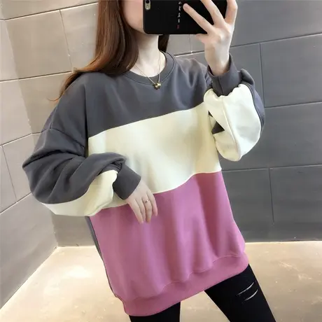 春季新款韩版百搭拼接撞色套头卫衣女宽松慵懒风ins网红显瘦外套图片