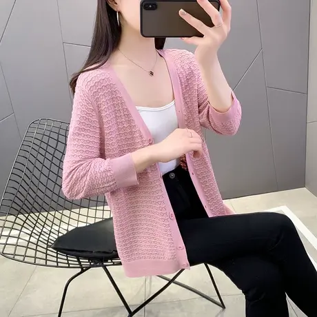 春秋薄款针织冰丝开衫长袖夏季白色外搭短款空调衫防晒披肩上衣女图片