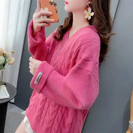 复古麻花V领套头毛衣女秋冬2023新款韩版宽松加厚百搭打底针织衫商品大图