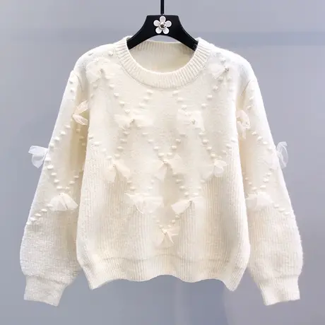 日系甜美网纱蝴蝶结毛衣女秋冬2023新款宽松慵懒风设计感针织上衣商品大图