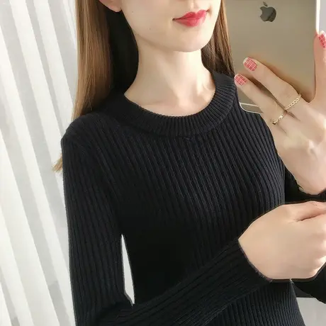 黑色打底衫女圆领春秋2022新款修身紧身针织上衣长袖内搭薄款毛衣图片