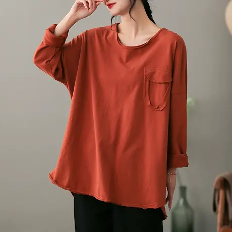 dza纯色全棉长袖t恤女士春季新款洋气内搭打底衫宽松短款休闲上衣商品大图