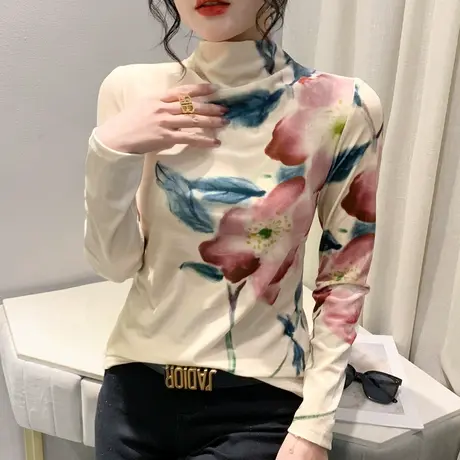 2024春秋新款金丝绒打底衫女内搭漂亮气质印花T恤时尚半高领上衣图片