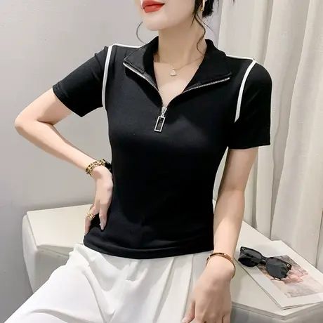 夏季2024新款设计感小众T恤女短袖洋气拉链上衣别致翻领修身小衫商品大图