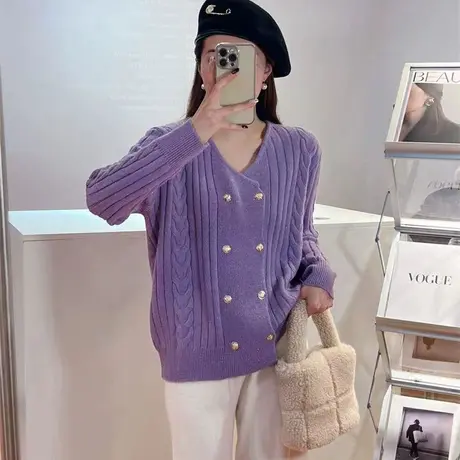 2023年春季新款小香风开衫毛衣女韩版洋气宽松双排扣外搭针织外套图片