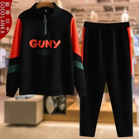 中年妈妈秋装运动套装洋气加大码外套宽松时尚撞色休闲卫衣两件套商品大图