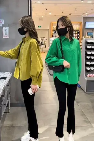 韩版新款纯色长袖港风衬衫女学生学院风复古宽松显瘦百搭衬衣外套商品大图