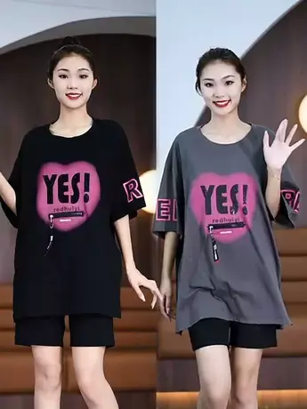 2023夏季新款爆款YES字母印花口袋拉链圆领大码时尚宽松休闲短袖商品大图