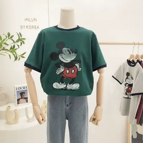 2021春秋冬款韩国东大门卡通T恤磨毛绒撞色短袖加厚打底衫欧货潮商品大图