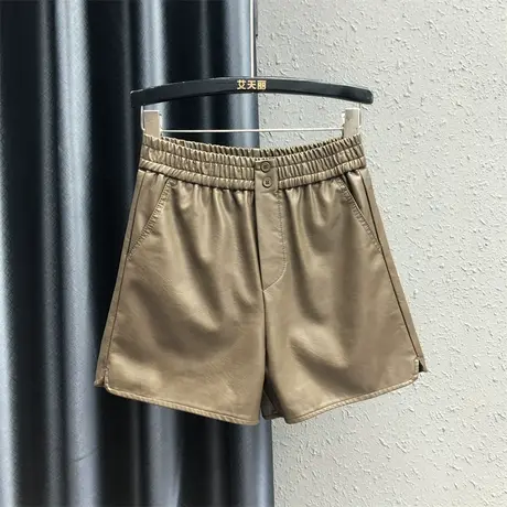 裤脚开叉休闲裤2023秋季新款咖啡色松紧腰时尚百搭阔腿短裤女图片
