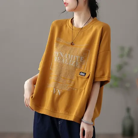 dza 复古宽松短款休闲上衣女士夏季新款短袖薄款打底衫大码t恤女商品大图