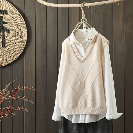 枫谜2021年秋装新文艺韩版纯色针织马甲女宽松V领针织毛衣上衣图片