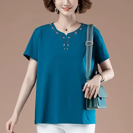 短袖t恤女夏季加肥加大码女装宽松中年妈妈纯棉刺绣洋气显瘦体恤图片