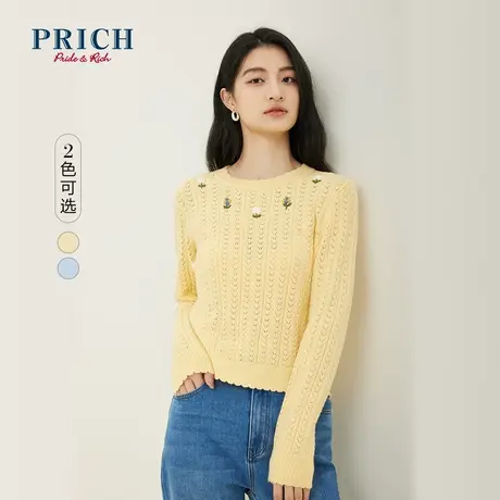 PRICH春秋新款新款软糯粗绣花圆领长袖套头毛衫针织衫上衣女商品大图