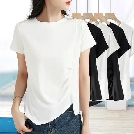 短袖t恤女小众设计感不规则下摆小圆领纯色百搭修身显瘦半袖上衣商品大图