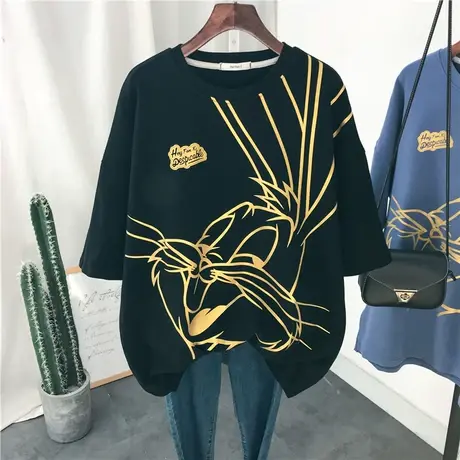 短袖t恤女2021夏装新款韩版ins潮烫金印花宽松大码中长款半袖上衣商品大图
